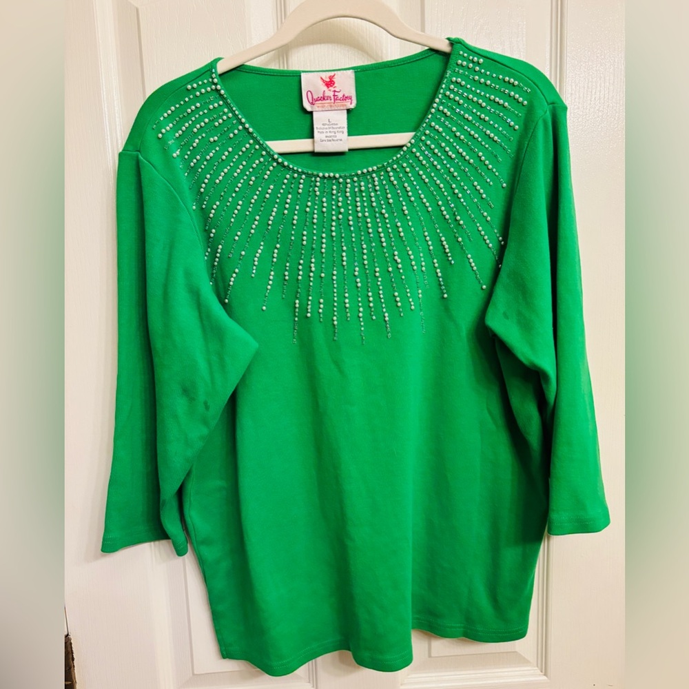 Quacker Factory Vibrant Green Long Sleeve w/ Starburst Top Women’s Large Cotton - Picture 2 of 10
